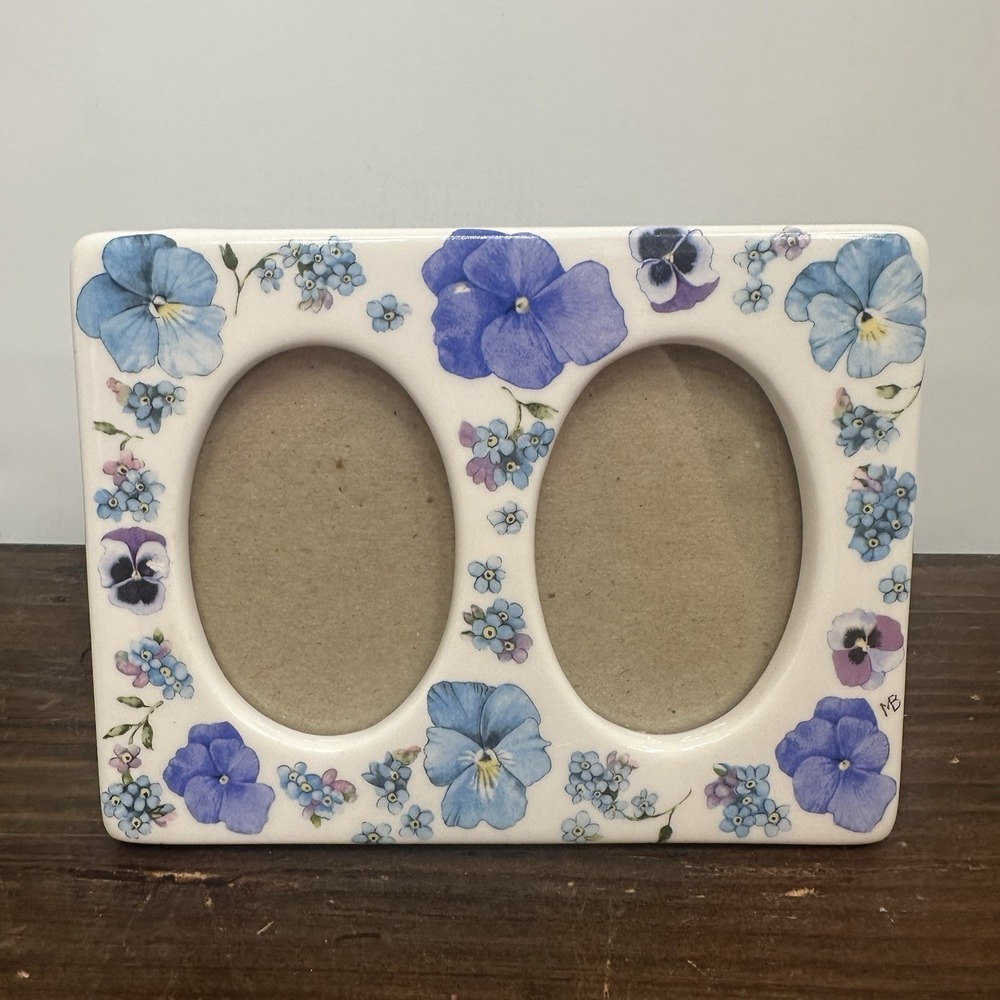 VTG Floral Picture Frame Hallmark 4.5x6" Double Oval Ceramic Purple Blue Pansies